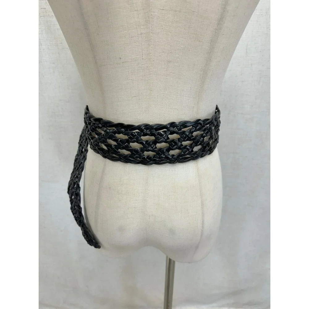 Lauren Ralph Lauren Black Braided O Ring ‎ Leather Wide Waist Belt Size X Large